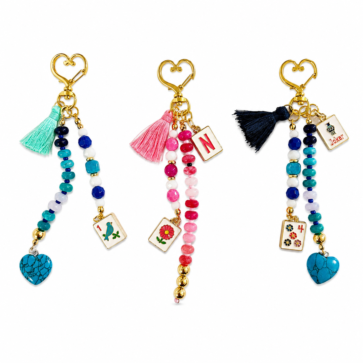 Mahjong Bag Charm – Bird Tile, Blue Heart & Turquoise Tassel Bag Charm | Handmade Gold Keychain