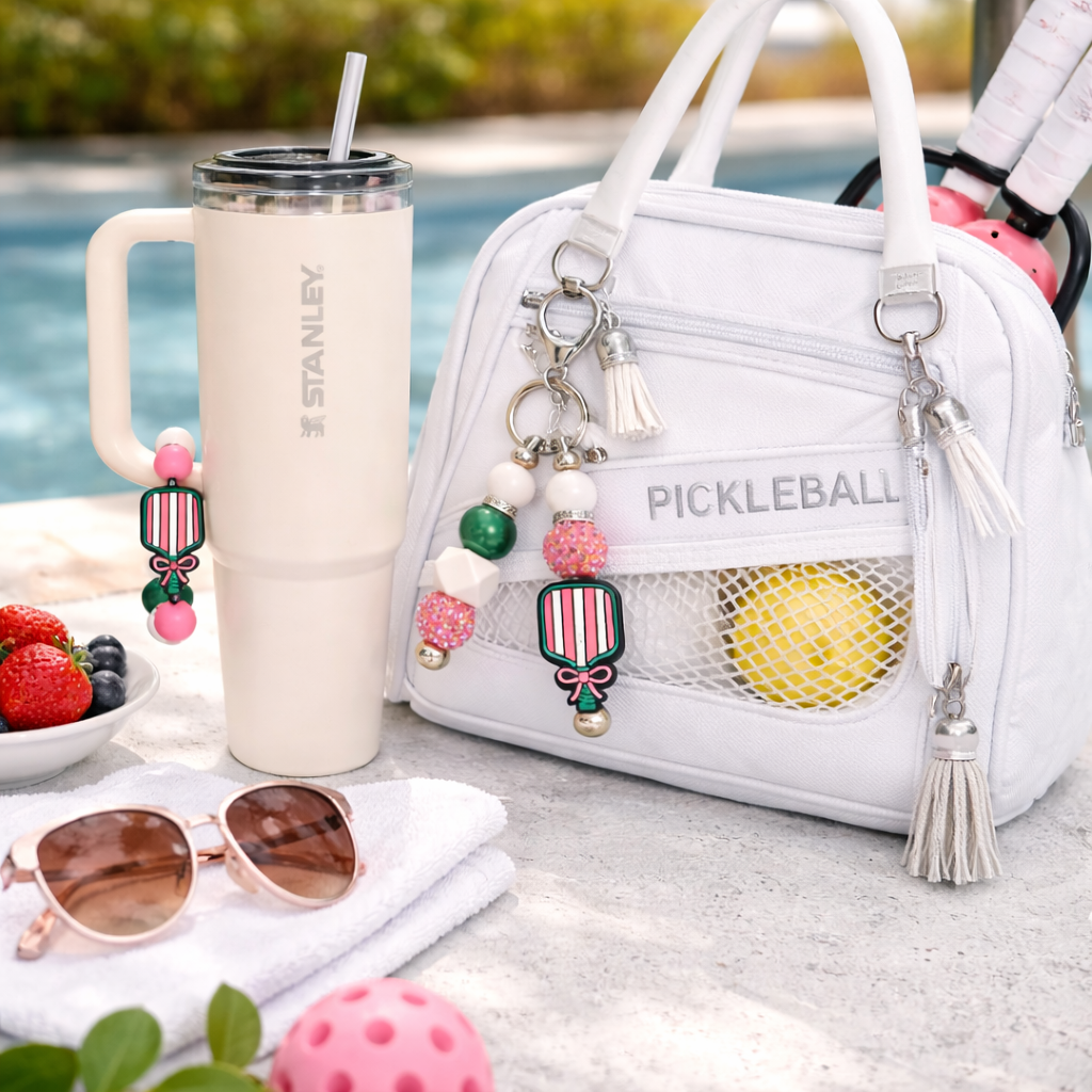 Pickleball Paddle Tumbler Accent – Pink & Green Beaded Cup Charm