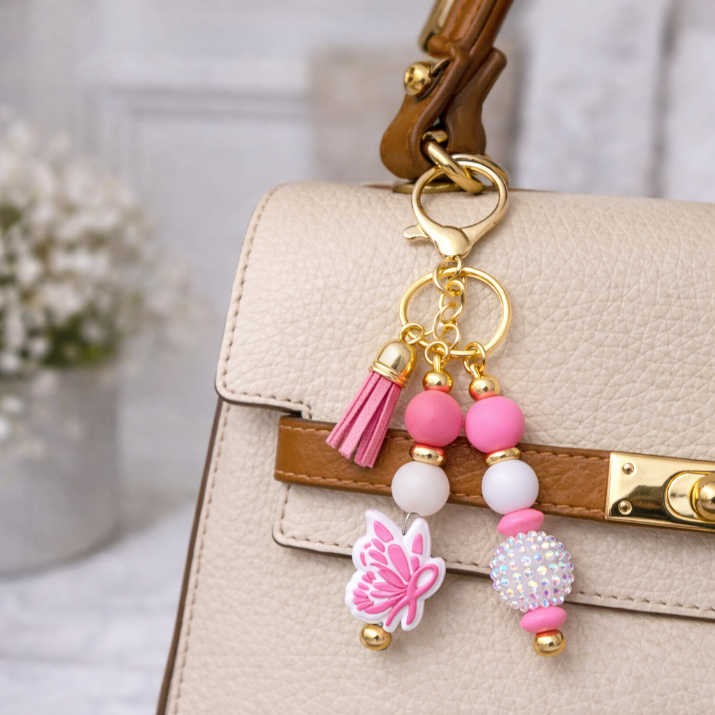 Pink Awareness Butterfly Bag & Tumbler Accent β Beaded Keyring