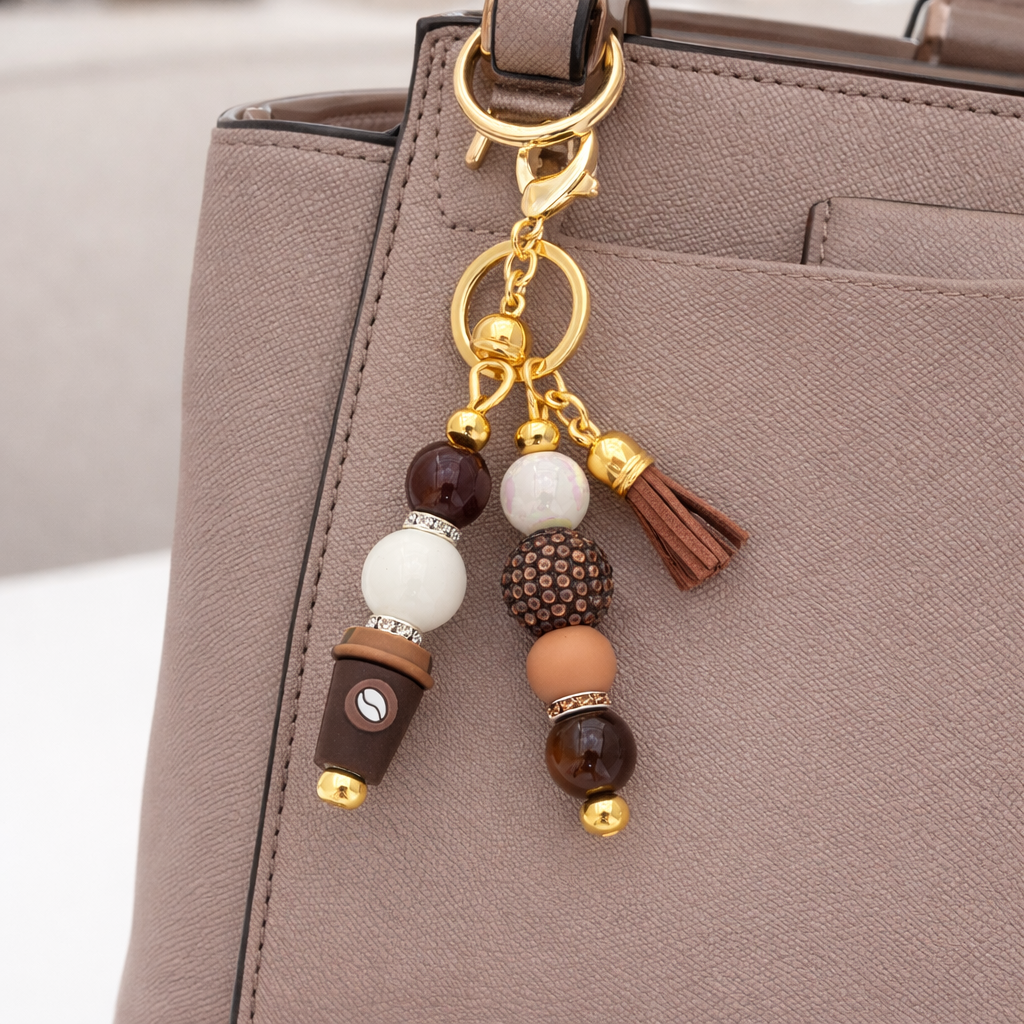 Coffee Lover Brown Elegant Purse Charm, Bag Accessory, Key Ring