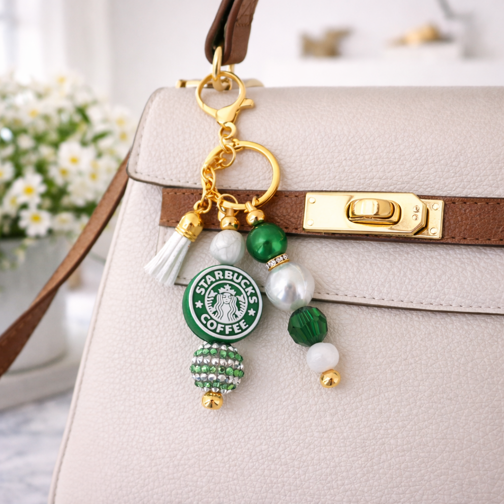Coffee Lover Bag Accent – Green & Gold Beaded Keyring