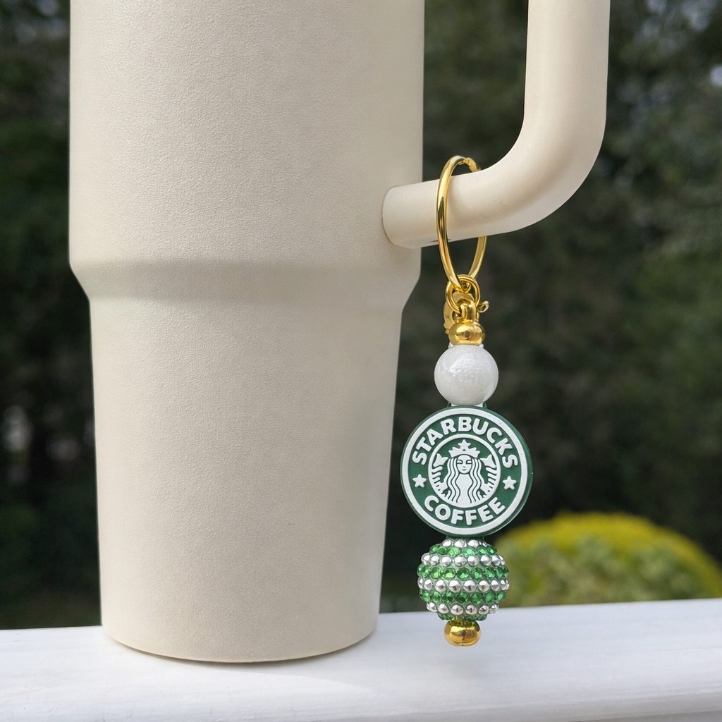 Coffee Lover Tumbler Accent – Green & Gold Beaded Keyring
