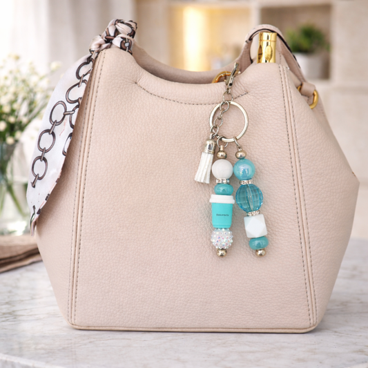 Coffee Lover Aqua Luxe Beaded Keychain Accent – Silver Hardware