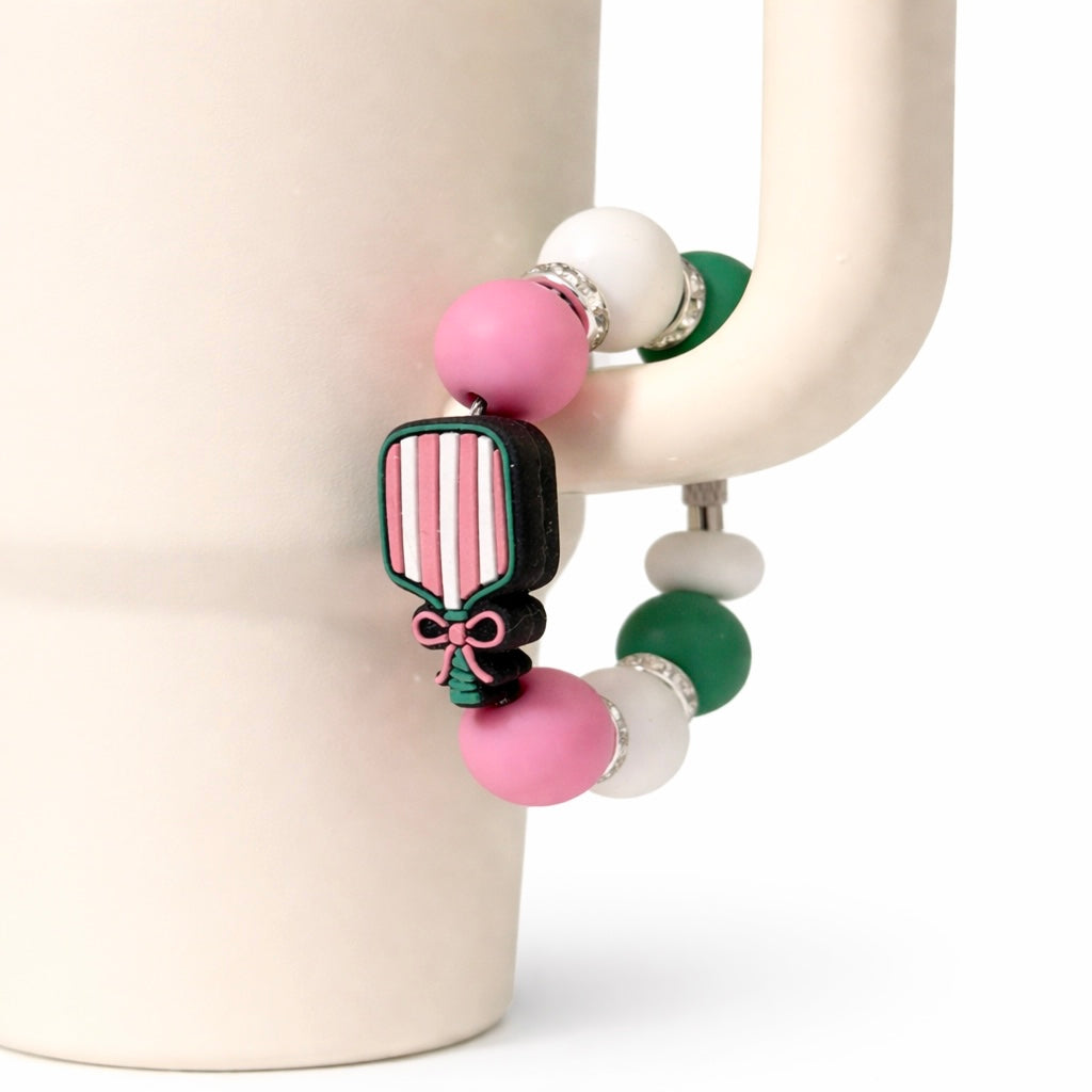 Pickleball Paddle Tumbler Accent – Pink & Green Beaded Cup Charm