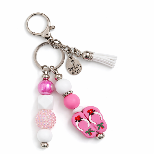 Beach Girl Flip Flop Charm Keychain | Pink Beach Bag Charm | Summer Key Ring
