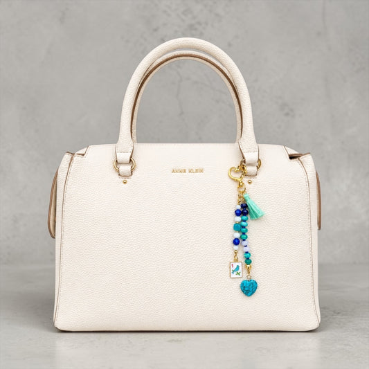 Mahjong Bag Charm – Bird Tile, Blue Heart & Turquoise Tassel Bag Charm | Handmade Gold Keychain