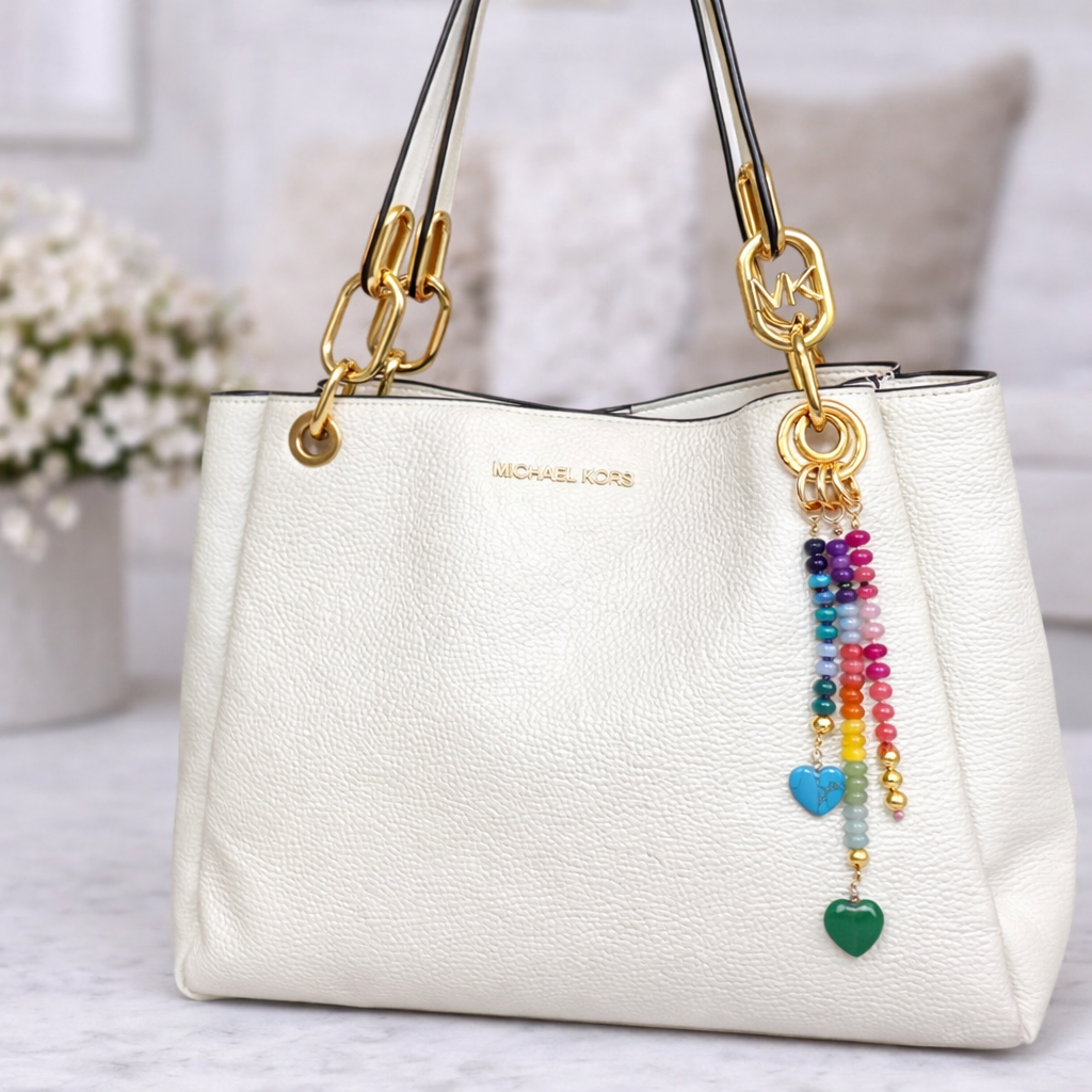 Rainbow Stone Bag Accent with Heart Charms – Gold Hardware