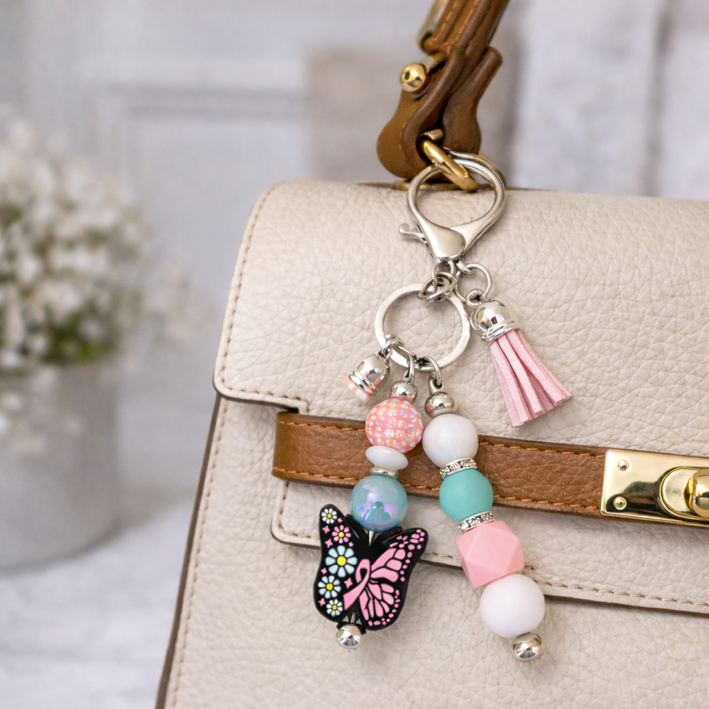 Pink Awareness Butterfly Bag Accent – Beaded Keyring