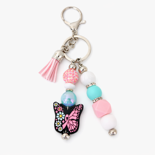 Pink Awareness Butterfly Bag Accent – Beaded Keyring
