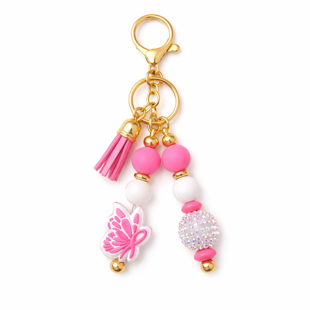 Pink Awareness Butterfly Bag & Tumbler Accent – Beaded Keyring