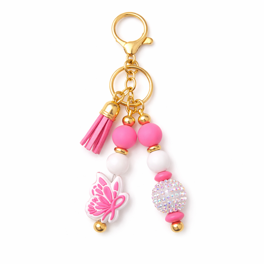 Pink Awareness Butterfly Bag & Tumbler Accent – Beaded Keyring