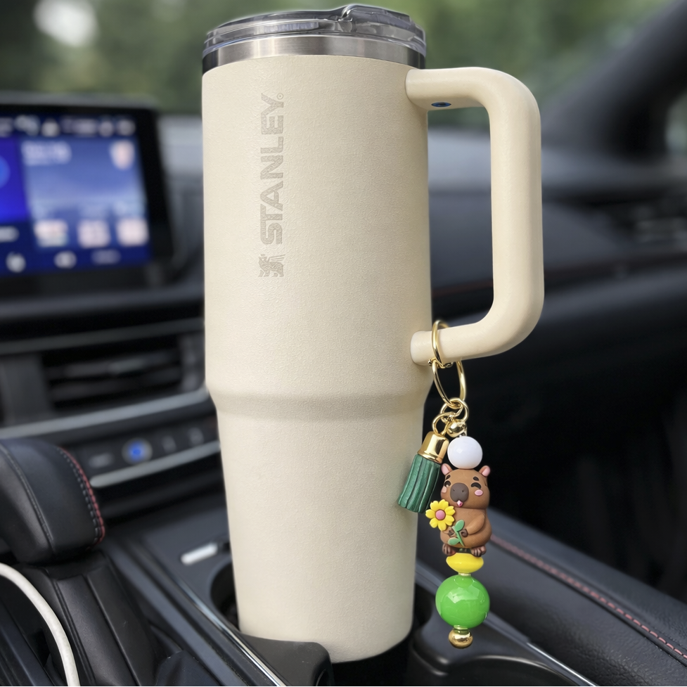 Capybara Flower Bag & Tumbler Accent – Green & Yellow Beaded Keyring