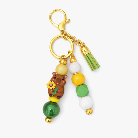 Capybara Flower Bag & Tumbler Accent – Green & Yellow Beaded Keyring
