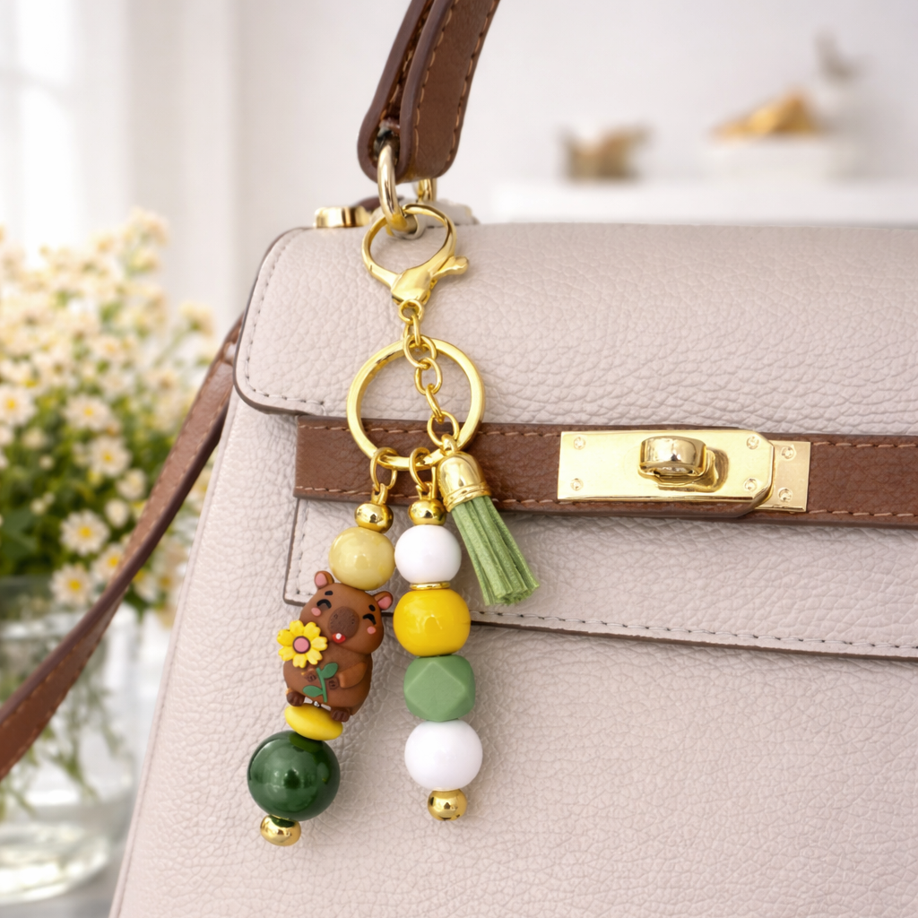 Capybara Flower Bag & Tumbler Accent – Green & Yellow Beaded Keyring