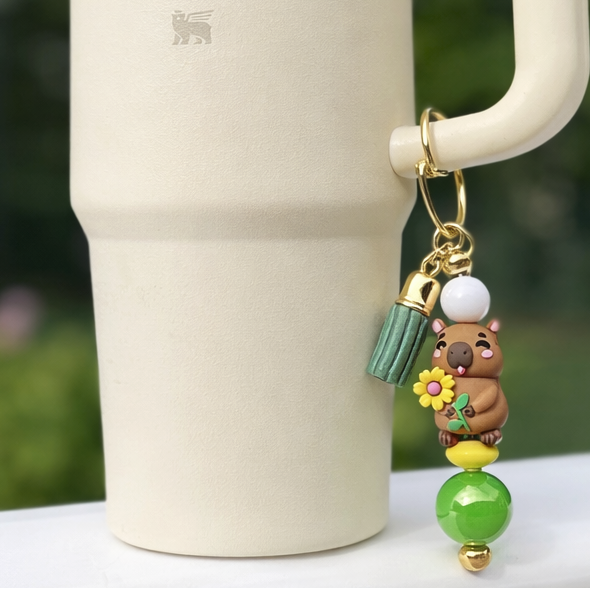 Capybara Flower Bag & Tumbler Accent – Green & Yellow Beaded Keyring