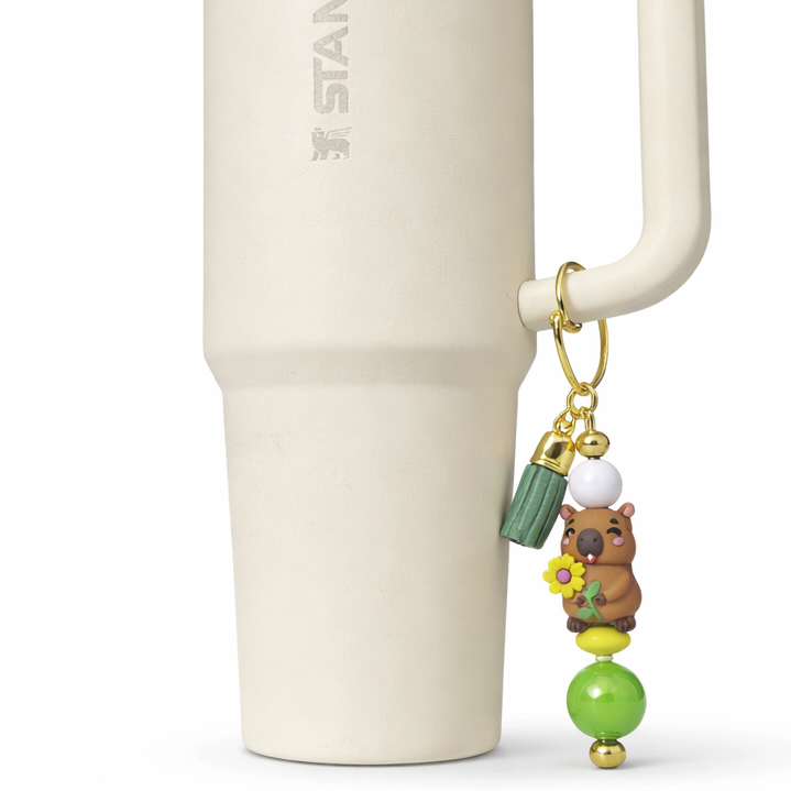 Capybara Flower Bag & Tumbler Accent – Green & Yellow Beaded Keyring
