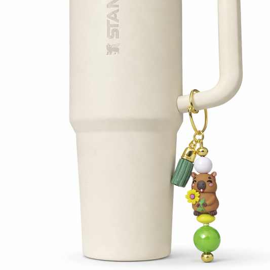 Capybara Flower Bag & Tumbler Accent – Green & Yellow Beaded Keyring
