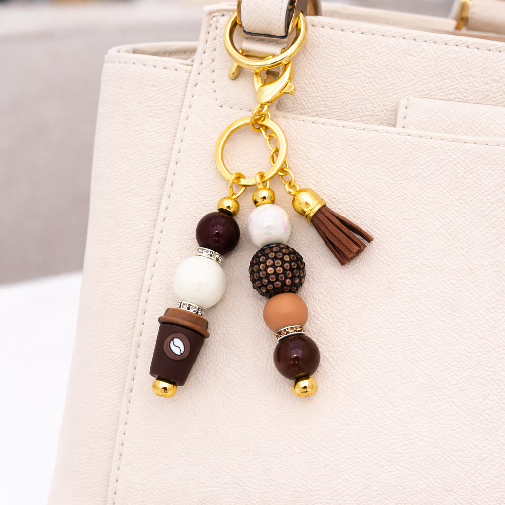 Coffee Lover Brown Elegant Purse Charm, Bag Accessory, Key Ring