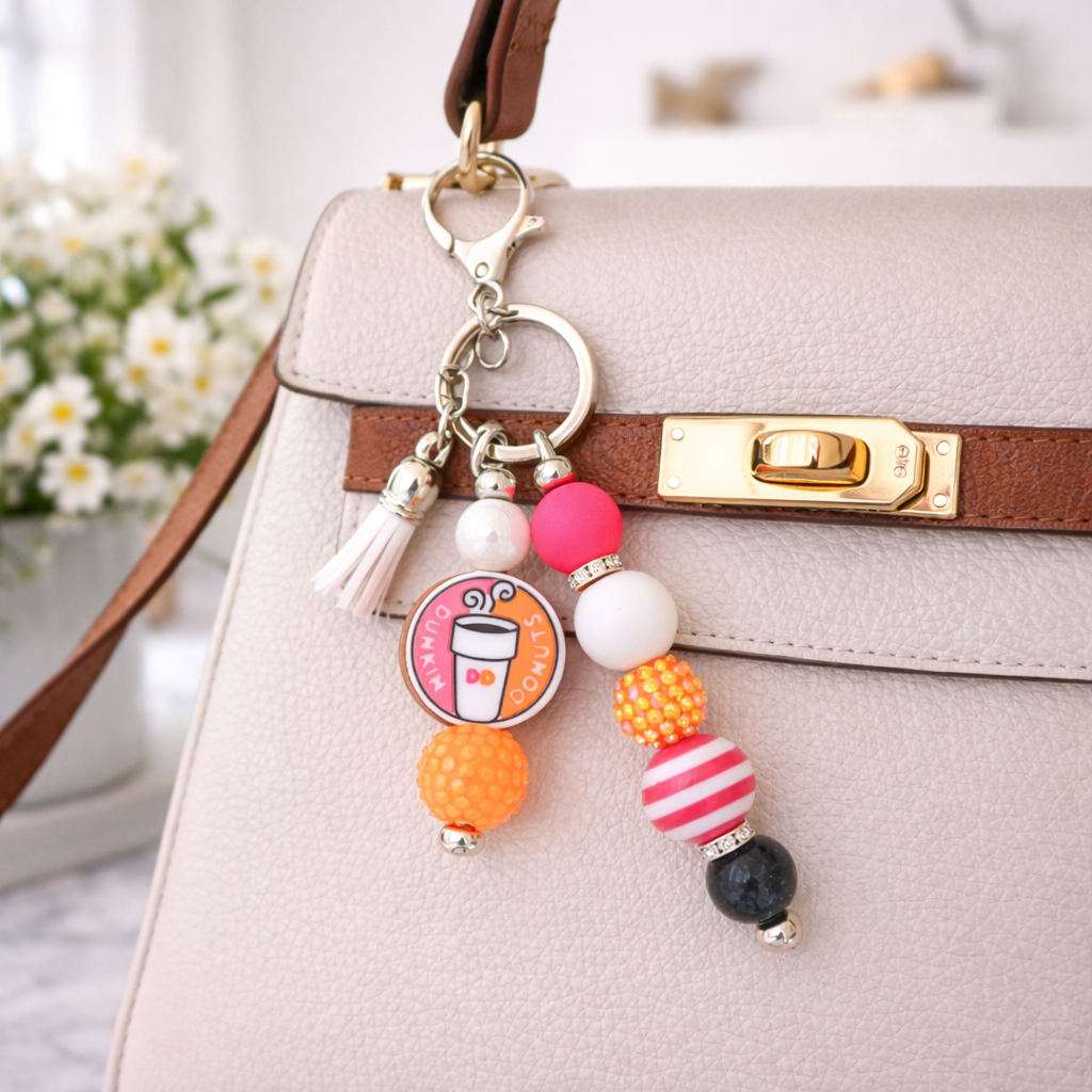 Coffee & Donut Bag & Tumbler Accent – Pink & Orange Beaded Keyring