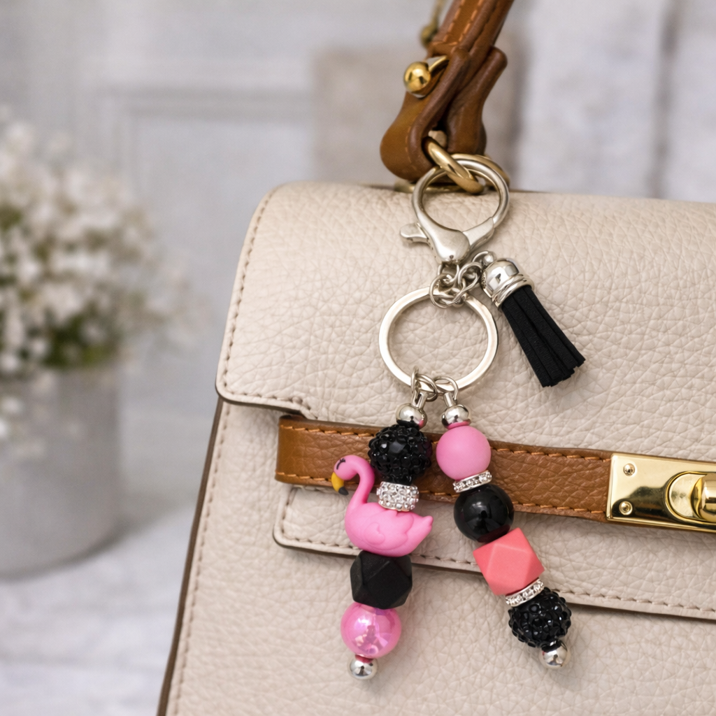 Pink Flamingo Keychain Accent – Beaded Bag & Key Charm