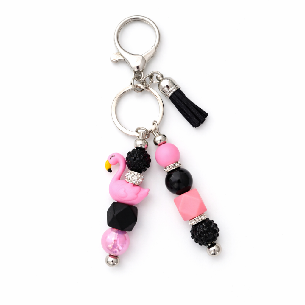 Pink Flamingo Keychain Accent – Beaded Bag & Key Charm