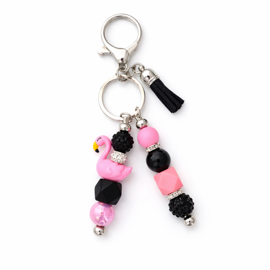Pink Flamingo Keychain Accent – Beaded Bag & Key Charm
