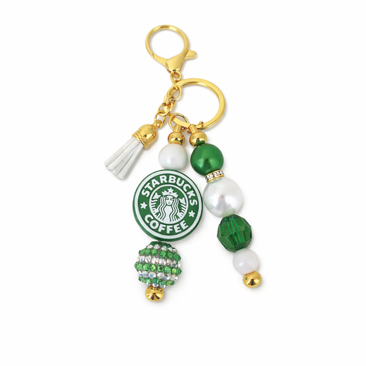 Coffee Lover Bag Accent – Green & Gold Beaded Keyring