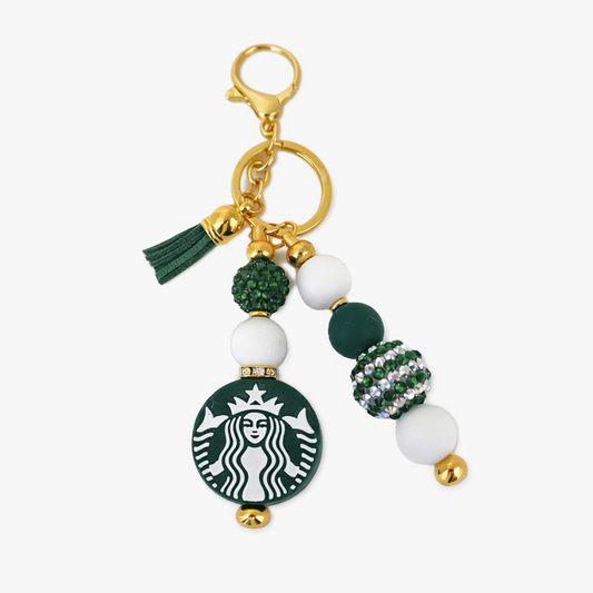 Coffee Lover Bag Accent – Green & Gold Beaded Keyring
