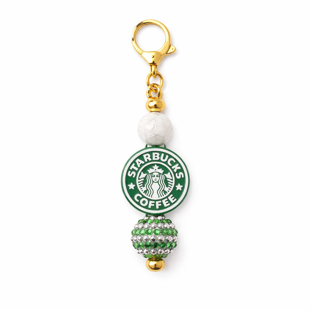 Coffee Lover Tumbler Accent – Green & Gold Beaded Keyring