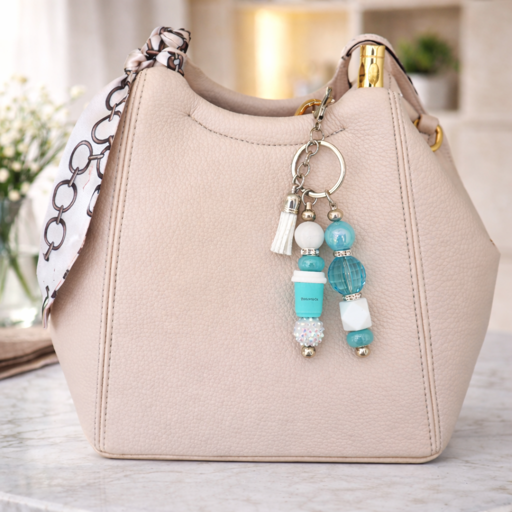 Coffee Lover Aqua Luxe Beaded Keychain Accent – Silver Hardware